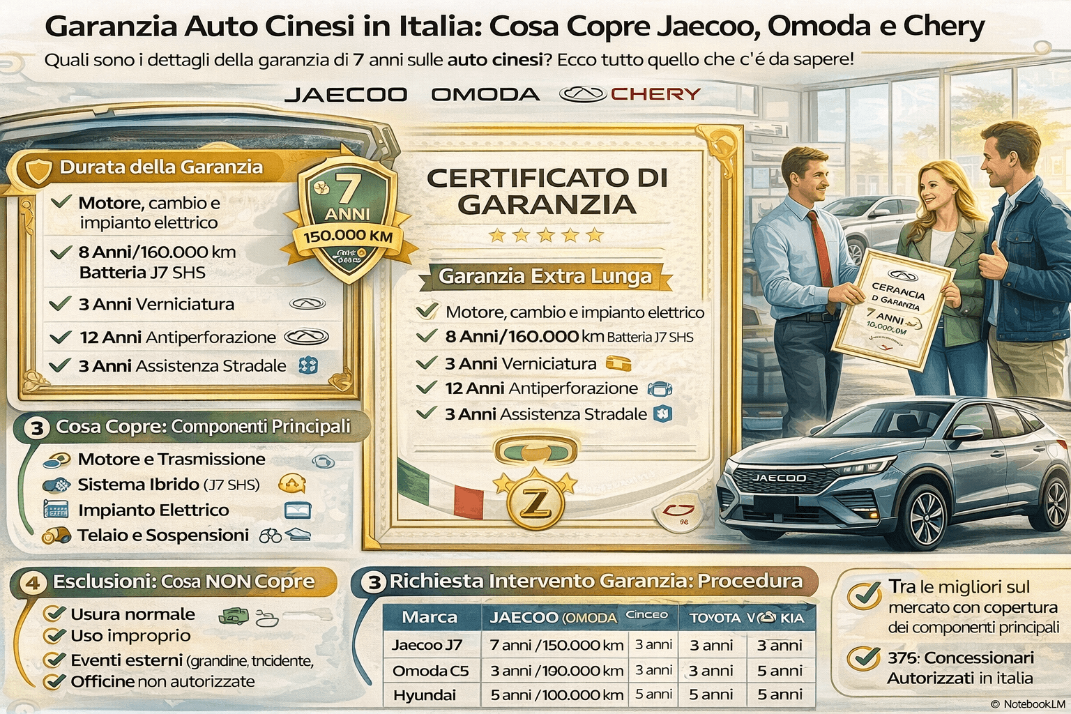 Certificato di garanzia di auto cinese con logo Jaecoo e Omoda